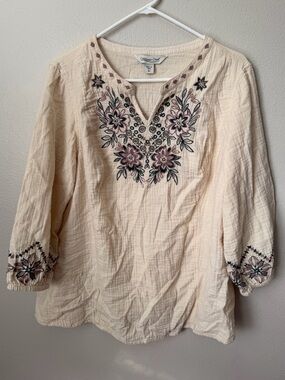 Coldwater Creek Boho Embroidered Floral Cotton Gauze Tunic Blouse Cream XL